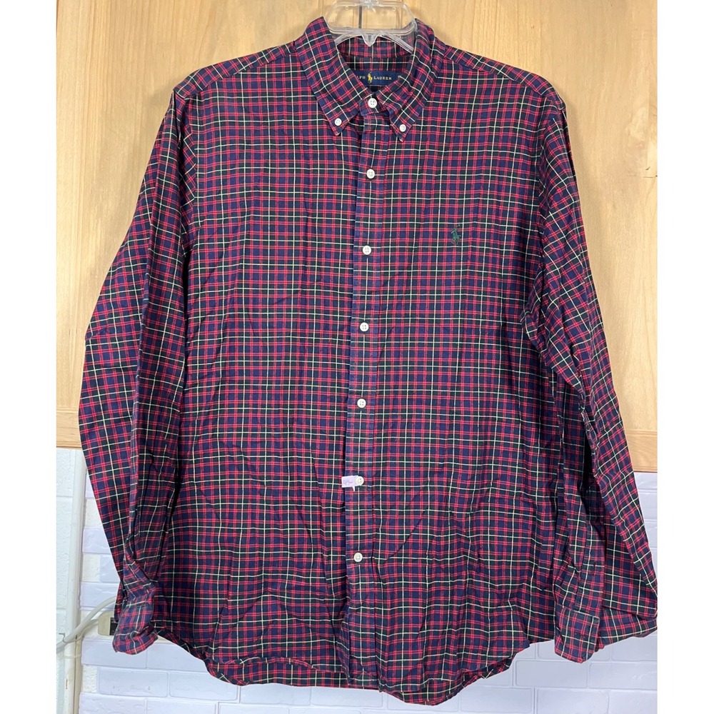 Ralph Lauren Plaid Button Down Mens XL Red Navy Blue Long Sleeve Cotton Shirt